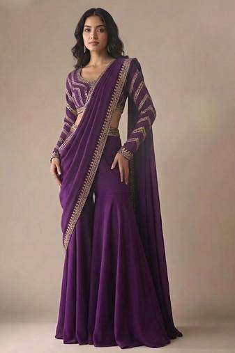 Purple embroidered satin sharara set