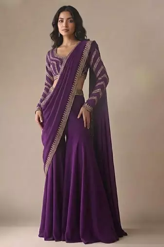 Purple embroidered satin sharara set