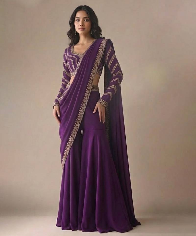 Purple embroidered satin sharara set