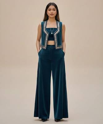 Blue embroidered velvet co ord set 1