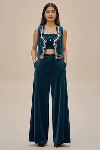 Blue embroidered velvet co ord set