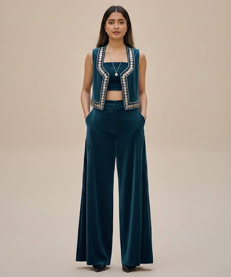 Blue embroidered velvet co ord set