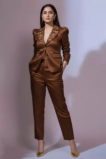 Brown embroidered satin co ord set