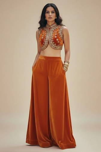 Orange embroidered velvet co ord set