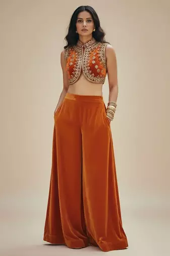 Orange embroidered velvet co ord set