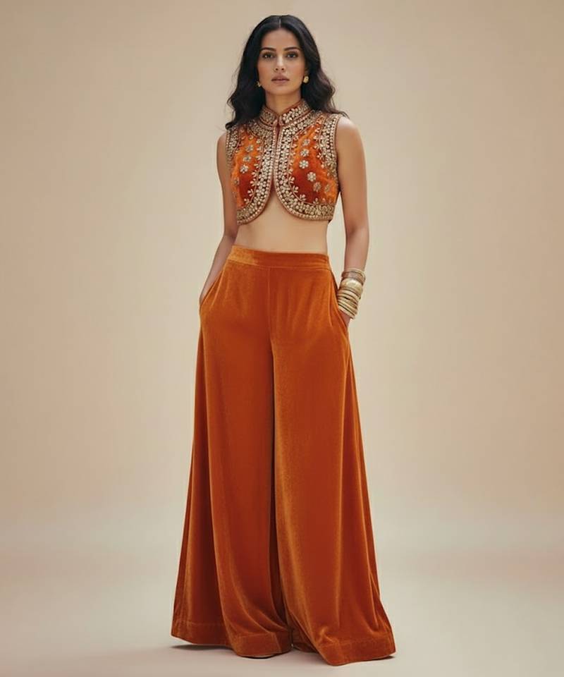 Orange embroidered velvet co ord set