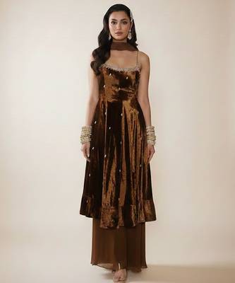 Brown Embroidered Velvet Kurta Set 1