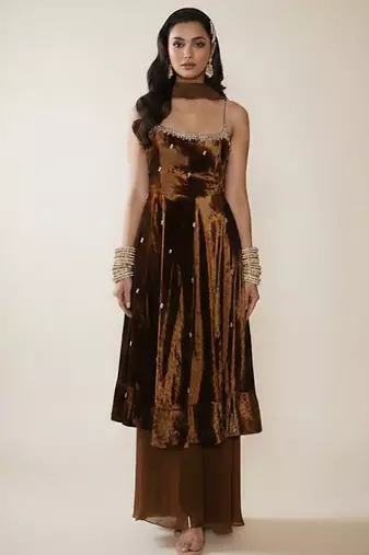 Brown embroidered georgette kurta set
