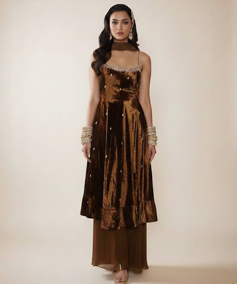 Brown embroidered georgette kurta set