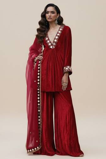 Maroon embroidered organza sharara set