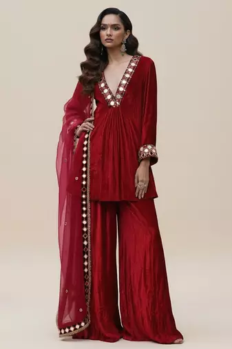 Maroon embroidered organza sharara set
