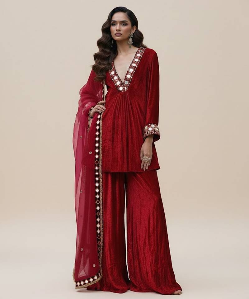 Maroon embroidered organza sharara set