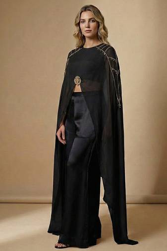 Black embroidered satin co ord set