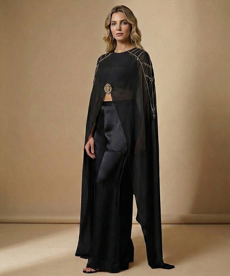 Black embroidered satin co ord set