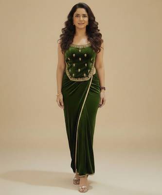 Green embroidered velvet co ord set 1