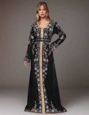 Elegant Black georgette kaftan gown with Golden & Silver  zari work With hijab. 1