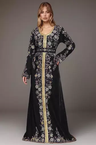 Elegant Black georgette kaftan gown with Golden & Silver  zari work With hijab.