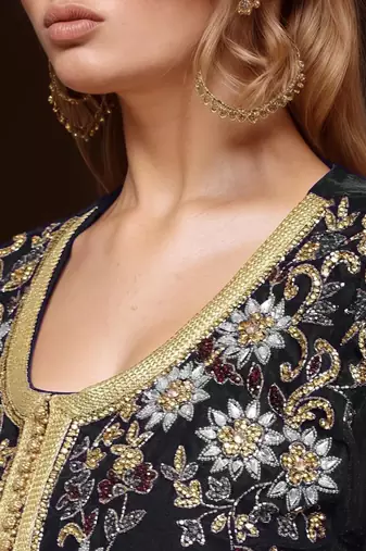 Elegant Black georgette kaftan gown with Golden & Silver  zari work With hijab.
