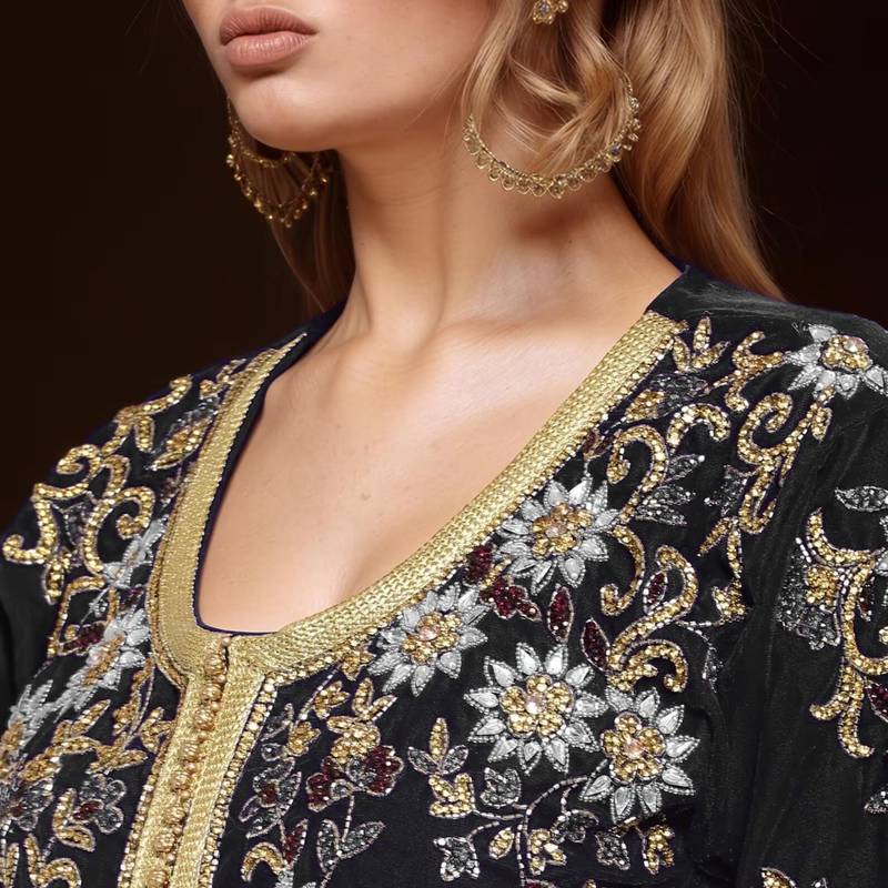 Elegant Black georgette kaftan gown with Golden & Silver  zari work With hijab.