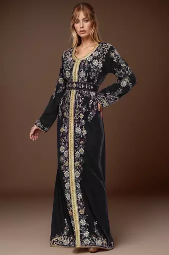Elegant Black georgette kaftan gown with Golden & Silver  zari work With hijab.