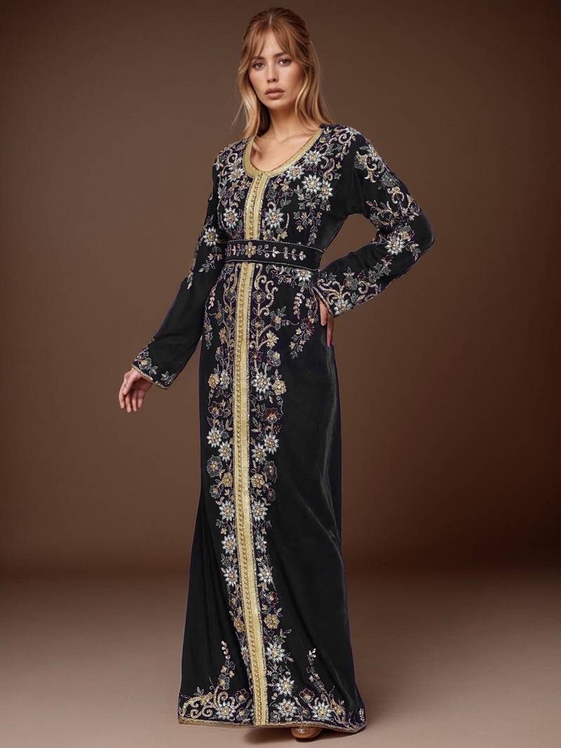 Elegant Black georgette kaftan gown with Golden & Silver  zari work With hijab.