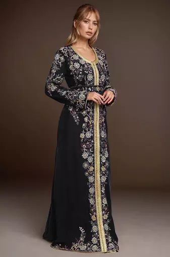 Elegant Black georgette kaftan gown with Golden & Silver  zari work With hijab.