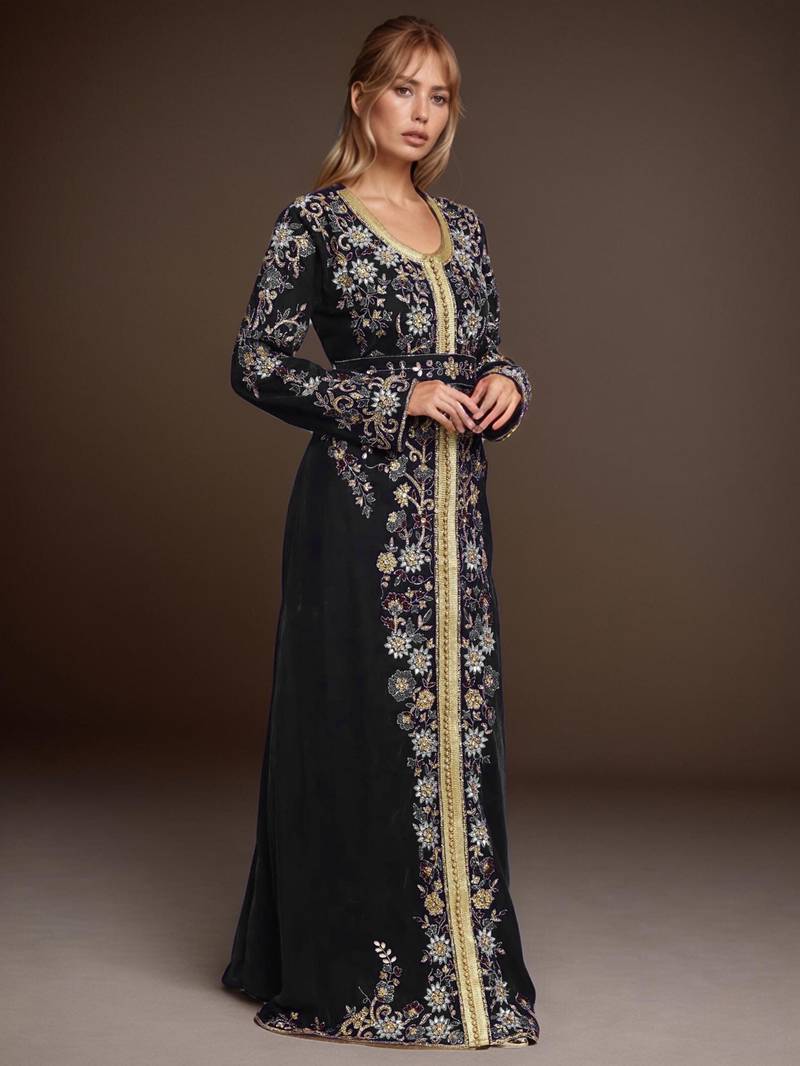 Elegant Black georgette kaftan gown with Golden & Silver  zari work With hijab.