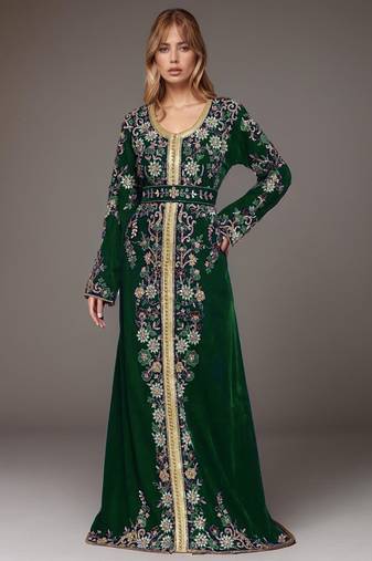Elegant Dark Green georgette kaftan gown with Golden & Silver  zari work With hijab.