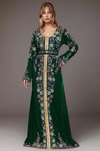 Elegant Dark Green georgette kaftan gown with Golden & Silver  zari work With hijab.