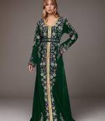 Elegant Dark Green georgette kaftan gown with Golden & Silver  zari work With hijab.