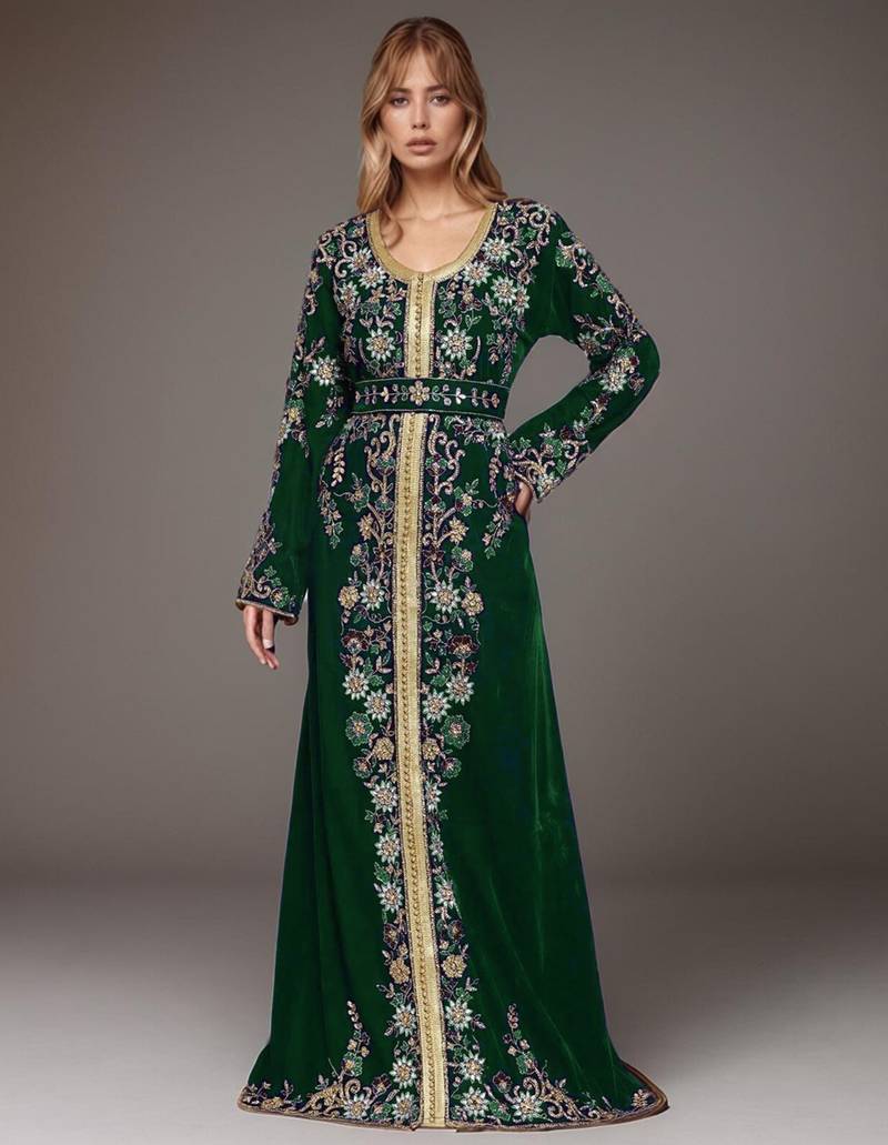 Elegant Dark Green georgette kaftan gown with Golden & Silver  zari work With hijab.