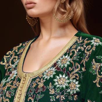 Elegant Dark Green georgette kaftan gown with Golden & Silver  zari work With hijab. 2