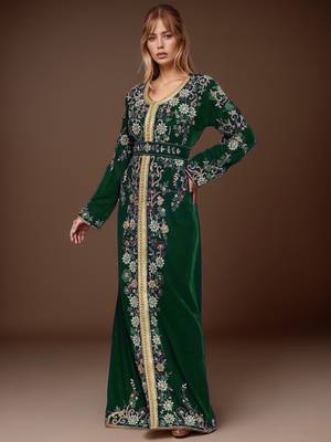 Elegant Dark Green georgette kaftan gown with Golden & Silver  zari work With hijab. 3