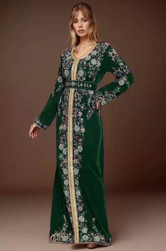 Elegant Dark Green georgette kaftan gown with Golden & Silver  zari work With hijab.