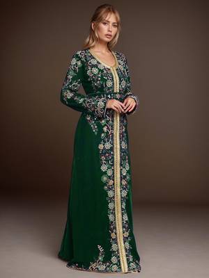 Elegant Dark Green georgette kaftan gown with Golden & Silver  zari work With hijab. 4