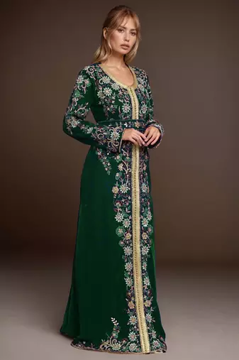 Elegant Dark Green georgette kaftan gown with Golden & Silver  zari work With hijab.