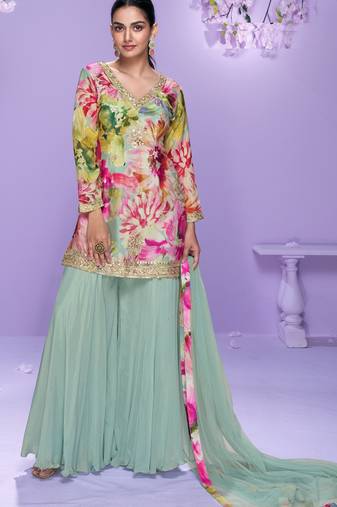 Multicolor embroidered chinon palazzo suit