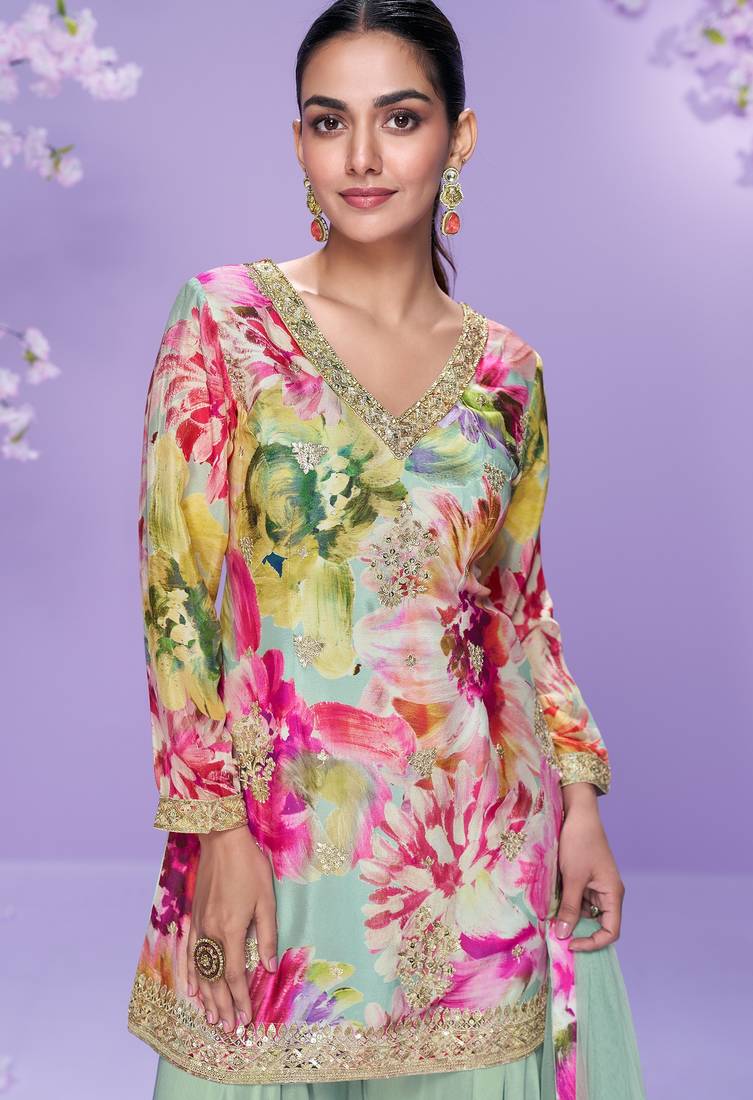 Multicolor embroidered chinon palazzo suit