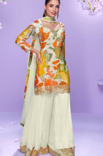 Multicolor embroidered chinon palazzo suit
