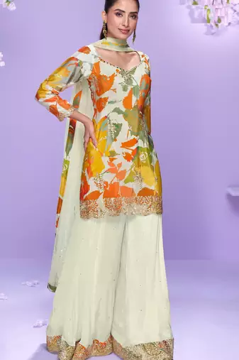 Multicolor embroidered chinon palazzo suit