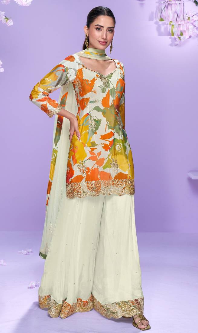 Multicolor embroidered chinon palazzo suit