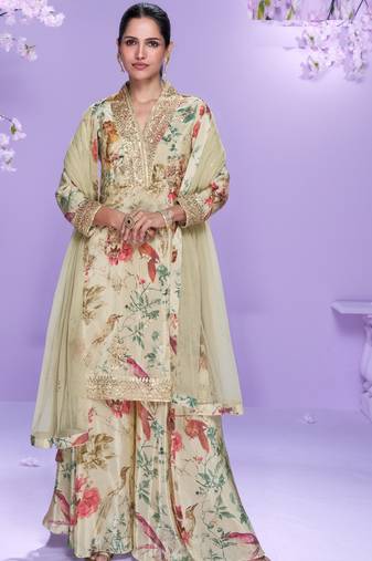 Multicolor embroidered chinon palazzo suit