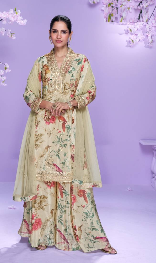 Multicolor embroidered chinon palazzo suit