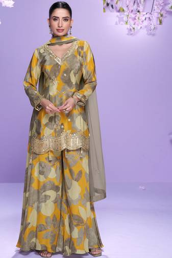 Multicolor embroidered chinon palazzo suit