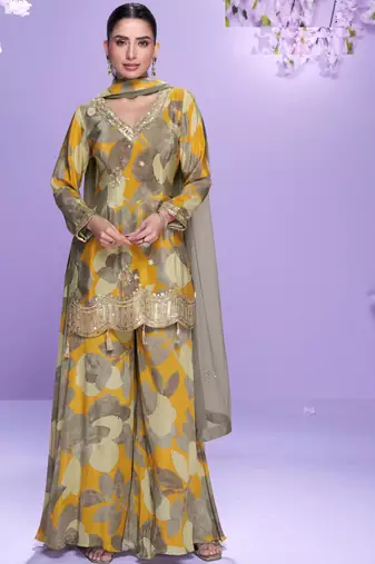 Multicolor embroidered chinon palazzo suit