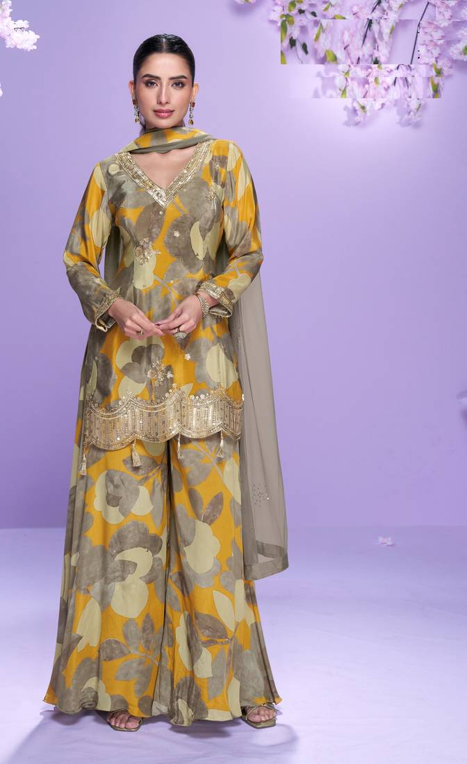 Multicolor embroidered chinon palazzo suit