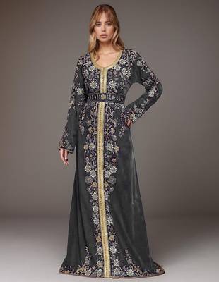 Elegant Grey georgette kaftan gown with Golden & Silver  zari work With hijab. 1