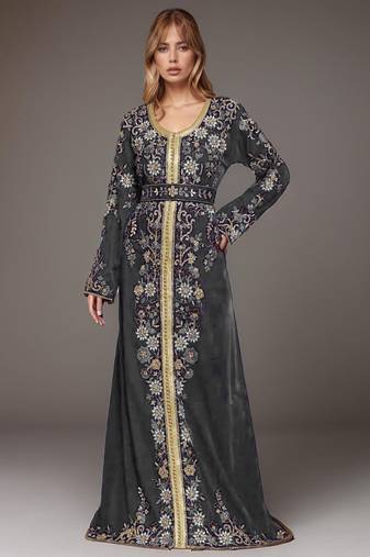 Elegant Grey georgette kaftan gown with Golden & Silver  zari work With hijab.