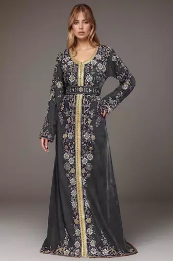 Elegant Grey georgette kaftan gown with Golden & Silver  zari work With hijab.