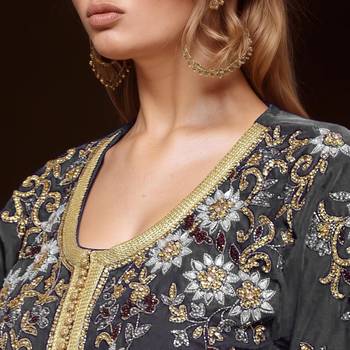 Elegant Grey georgette kaftan gown with Golden & Silver  zari work With hijab. 2